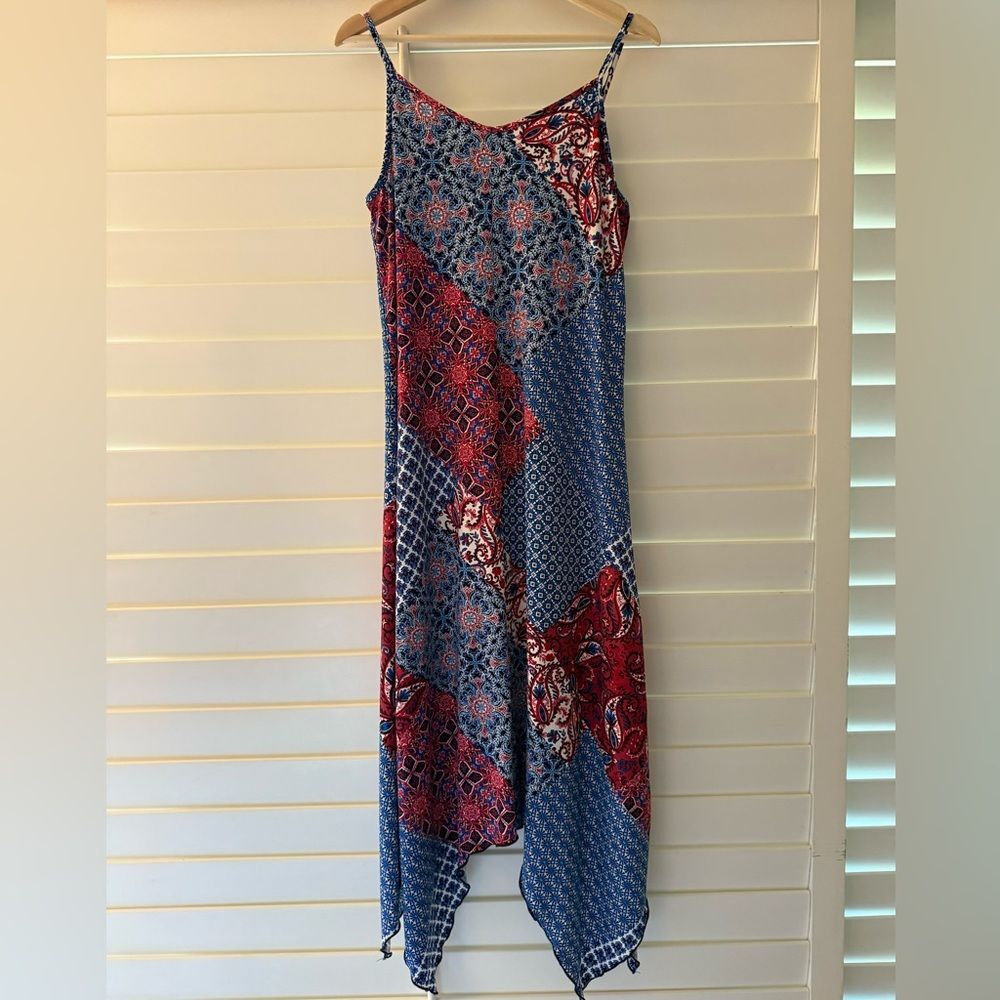 Nina Leonard Blue and Red Asymmetrical Sundress